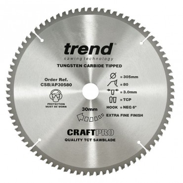 Trend Circular Saw Blade for Aluminium Plastic & Worktops CSB/AP30580 CraftPro TCT 305mm 80T 30mm
