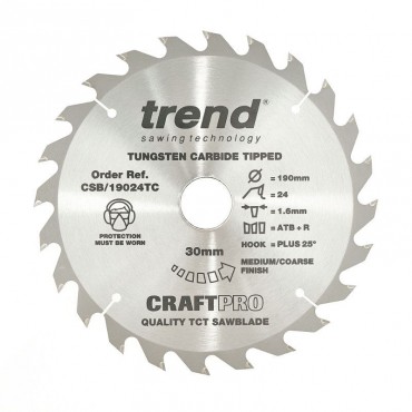 Trend Circular Saw Blade CSB/19024TB CraftPro TCT 190mm 24T 30mm Thin