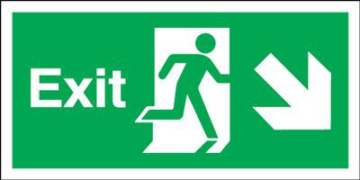 Exit Sign Running Man Arrow Right Down 450 x 150mm BS50 Rigid Self Adhesive BS5499