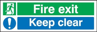 Fire Exit Keep Clear Sign 300 x 100mm FS43 Rigid Self Adhesive BS5499