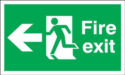 Fire Exit Sign Running Man Arrow Left 600 x 200mm BS1 Rigid Self Adhesive BS5499