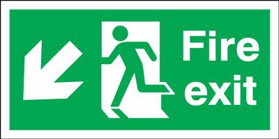 Fire Exit Sign Running Man Arrow Left Down 450 x 150mm BS17 Rigid Self Adhesive BS5499