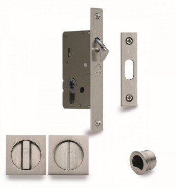 Flush Handle Sliding Door Privacy Lock Set Marcus SQ2308-40-SN Satin Nickel Square Rose