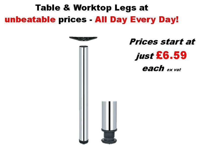 Table or worktop bar legs avialbale in 710mm and 870mm in satin nickel or polished chrome.We also sell 35mm sprung concealed cabinet hinges in 110 degree and 165 degree clip on type. Suitable to replace hinges on all types of kitchens and bedroom cabinets including Howdens, B&Q, Homebase, Wickes, etc. Hinges are made to British Standard. Also in our range is cabinet legs, drawer runners, cabinet hangers, etc