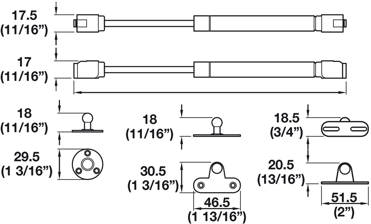 Pneumatic Lid Flap Stay Dimensions