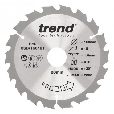 Trend CSB/16018T WOOD SAWBLADE 160X20X18TX1.8