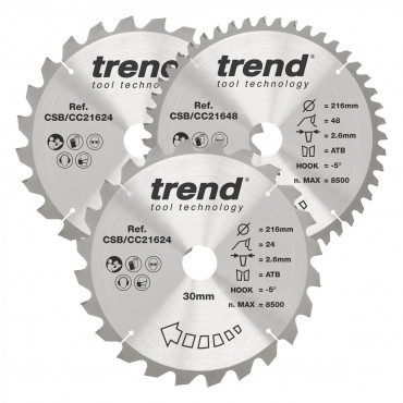 TREND CSB/CC216/3/A WOOD CC SAWBLADE 216X30X24/48T,3PK