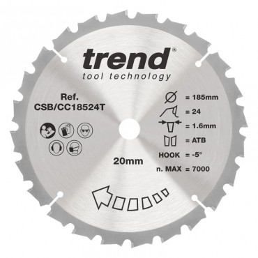 Trend CSB/CC18524T WOOD CC SAWBLADE 185X20X24TX1.6
