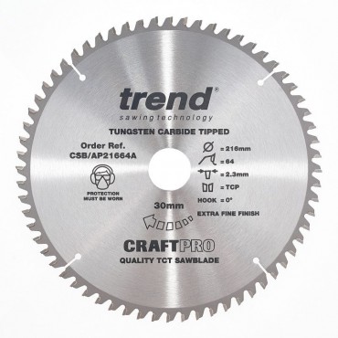 Trend Circular Saw Blade for Aluminium Plastic & Worktops CSB/AP21664A CraftPro TCT 216mm 64T 30mm