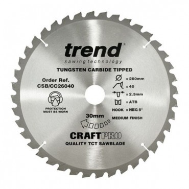 Trend Circular Saw Blade CSB/CC26040 CraftPro TCT Mitre Saw Crosscutting 260mm 40T 30mm