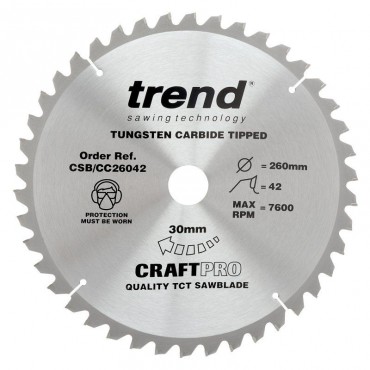 Trend Circular Saw Blade CSB/CC26042 CraftPro TCT Mitre Saw Crosscutting 260mm 42T 30mm