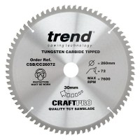 Trend Circular Saw Blade CSB/CC26072 CraftPro TCT Mitre Saw Crosscutting 260mm 72T 30mm £40.57