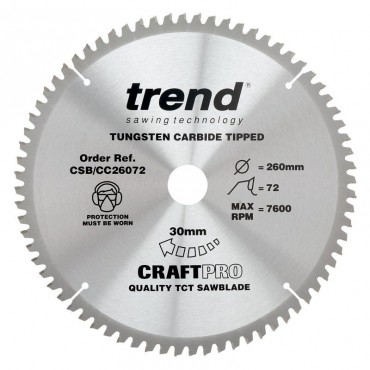 Trend Circular Saw Blade CSB/CC26072 CraftPro TCT Mitre Saw Crosscutting 260mm 72T 30mm