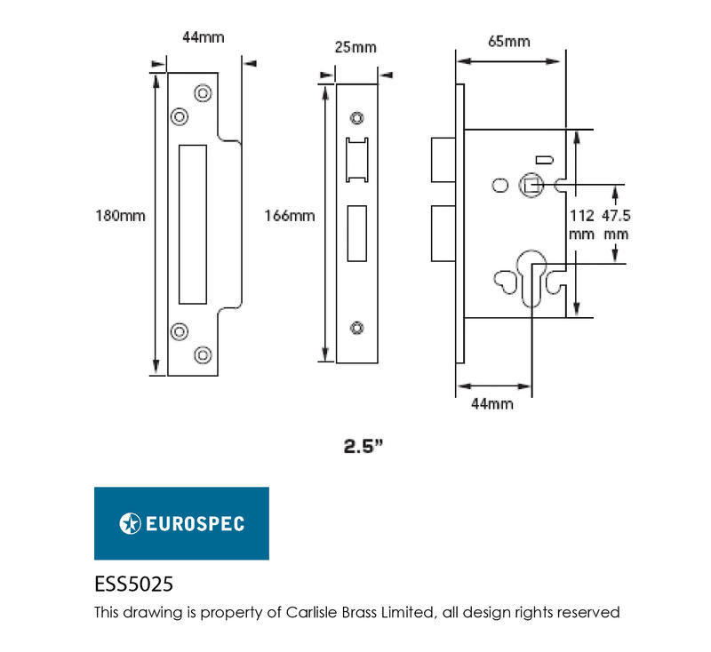 Eurospec ESS5025SSS Euro Sashlock in Satin Stainless Steel Dimensions