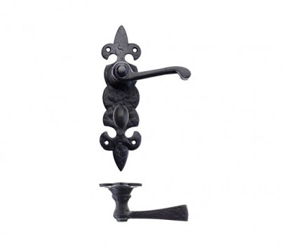 Foxcote Foundries FF613 Fleur De Lys Bathroom Lock Door Handles Black Antique