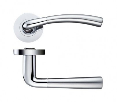 Stanza Door Handles Saturn Lever on Screw on Rose Dual Finish Polished & Satin Chrome