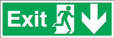 Exit Sign Running Man Arrow Down 300 x 100mm BS42 Rigid Self Adhesive BS5499