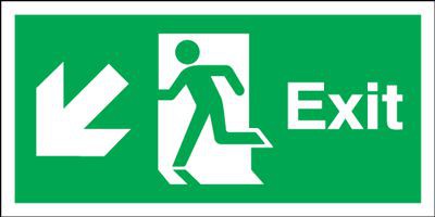 Exit Sign Running Man Arrow Left Down 300 x 100mm BS48 Rigid Self Adhesive BS5499