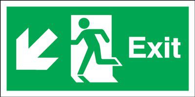 Exit Sign Running Man Arrow Left Down 450 x 150mm BS47 Rigid Self Adhesive BS5499