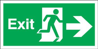 Exit Sign Running Man Arrow Right 300 x 100mm BS36 Rigid Self Adhesive BS5499
