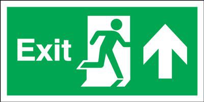 Exit Sign Running Man Arrow Up 300 x 100mm BS39 Rigid Self Adhesive BS5499