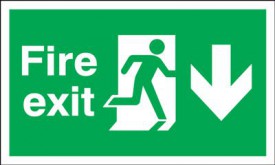 Fire Exit Sign Running Man Arrow Down 300 x 100mm BS12 Rigid Self Adhesive BS5499 7.92