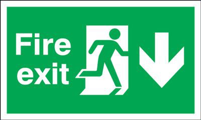 Fire Exit Sign Running Man Arrow Down  450 x 150mm BS11 Rigid Self Adhesive BS5499