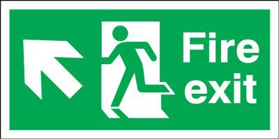 Fire Exit Sign Running Man Arrow Left Up 300 x 100mm BS24 Rigid Self Adhesive BS5499
