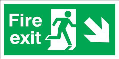 Fire Exit Sign Running Man Arrow Right Down 450 x 150mm BS20 Rigid Self Adhesive BS5499