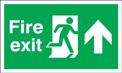 Fire Exit Sign Running Man Arrow Up 300 x 100mm BS9 Rigid Self Adhesive BS5499