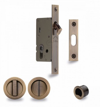 Flush Handle Sliding Door Privacy Lock Set Marcus RD2308-40-AT Antique Finish Round Rose