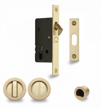 Flush Handle Sliding Door Privacy Lock Set Marcus RD2308-40-SB Satin Brass Round Rose