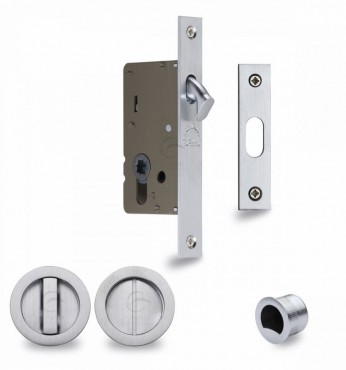 Flush Handle Sliding Door Privacy Lock Set Marcus RD2308-40-SC Satin Chrome Round Rose