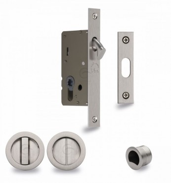 Flush Handle Sliding Door Privacy Lock Set Marcus RD2308-40-SN Satin Nickel Round Rose