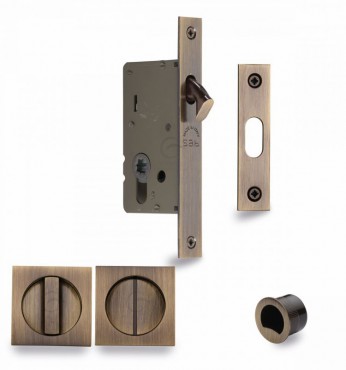 Flush Handle Sliding Door Privacy Lock Set Marcus SQ2308-40-AT Antique Brass Square Rose