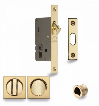 Flush Handle Sliding Door Privacy Lock Set Marcus SQ2308-40-PB Polished Brass Square Rose