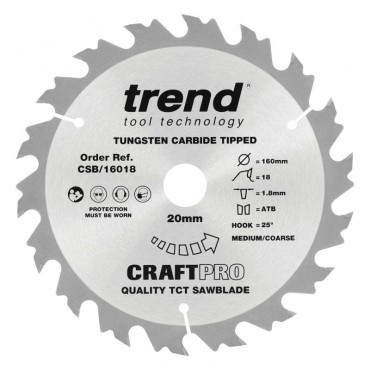 Trend Circular Saw Blade CSB/16018 Craft Pro TCT 160mm 18T 20mm x 1.8mm Kerf